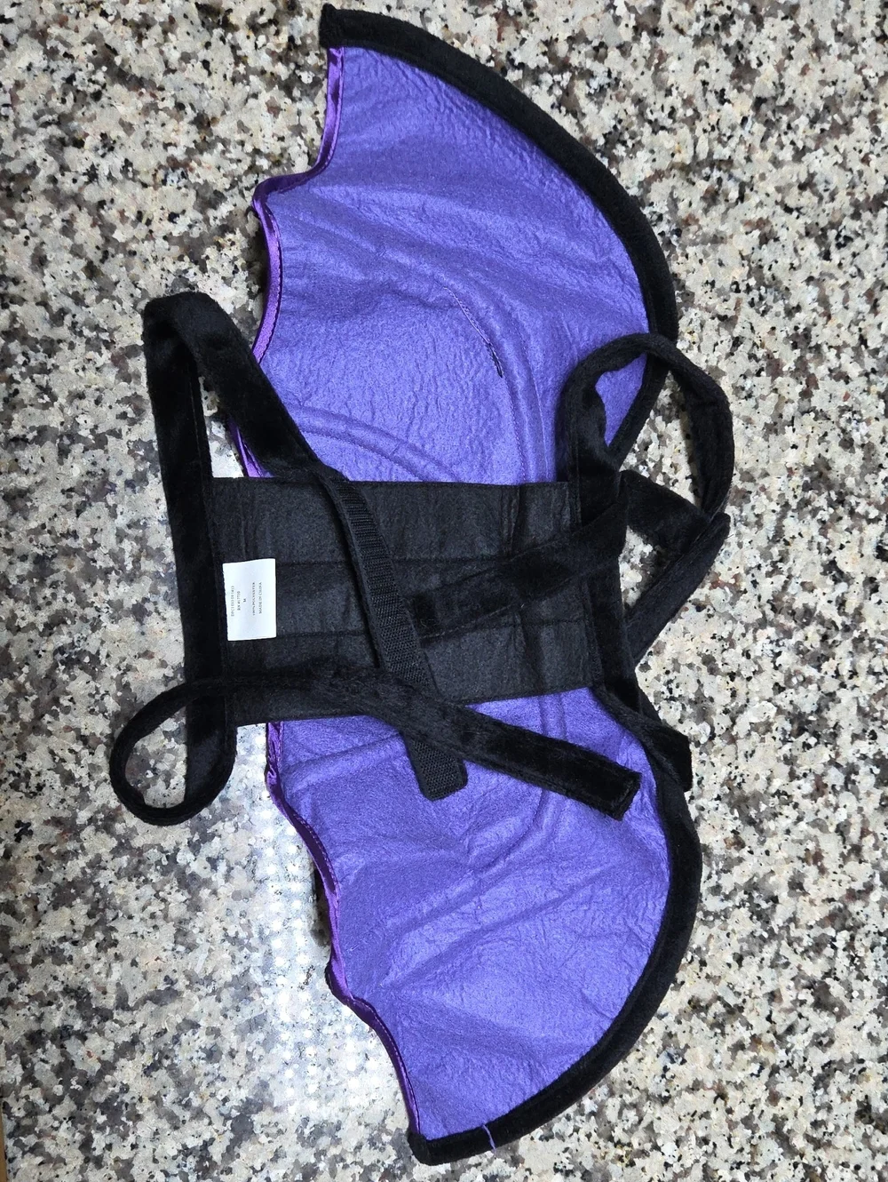Black and purple pet bat costume features shiny metallic wing fabric